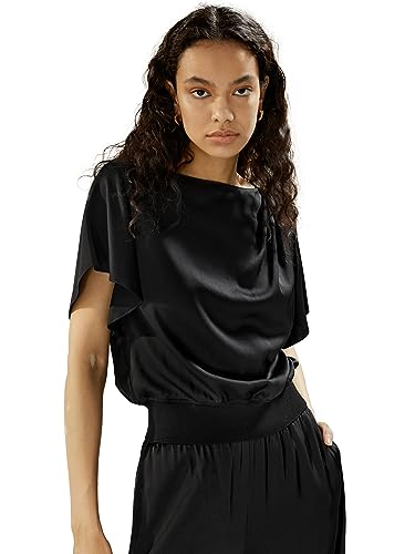 LilySilk Das Peplos Seidenhemd für Damen Kurzarm Seidenbluse Damen Gerippte Fledermausärmel Bootsausschnitt Seidenstrickoberteile Sommer Schwarz(Schwarz,L) von LilySilk