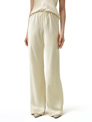 LilySilk Doppelgewebte Seiden-Charmeuse Hose für Damen Elegante Oversized Weit Bein Voll Länge Drapierte Seidenhose(Lilienweiß,44) von LilySilk