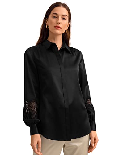 LilySilk Echte Seide Bluse Hemd Damenmode für Frauen Elegante Spitze Lange Ärmel Retro Klassisch Shirt für Damen(Schwarz,M) von LilySilk