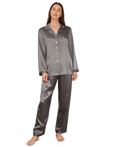 LilySilk Elegant Pyjamas Set Nachtwäsche Seide Schlafanzug Damen Lang 22 Momme (M, Dunkel Grau) von LilySilk