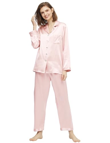 LilySilk Elegante Seide Nachtwäsche Damen Langarm Pyjama Langarm Hausanzug Weihnachts-Pyjama-Set Verpackung MEHRWEG(Hell Rosa,XL) von LilySilk