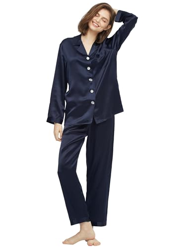 LilySilk Elegante Seide Nachtwäsche Damen Langarm Pyjama Langarm Hausanzug Weihnachts-Pyjama-Set Verpackung MEHRWEG(Navy Blau,M) von LilySilk