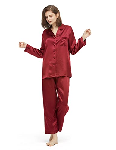 LilySilk Schick Seide Schlafanzug Hausanzug Seide Pyjama Set Nachtwäsche Damen Lang mit Weißem Besatz 22 Momme Verpackung MEHRWEG 