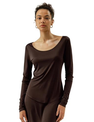 LilySilk Frauen Reine Seide Jersey Shirt Lange Ärmel Slim fit Rundhalsausschnitt atmungsaktiv weich glatt elegant Seide T-Shirt Top (Kakao, M) von LilySilk
