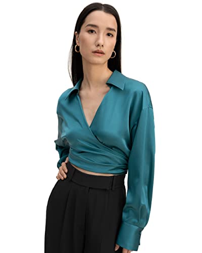 LilySilk Frauen Reine Seide Wrap Hemd Damen 22MM Sommer Bluse mit Kreuz Hals und lose Schulter für Cocktail Club Party täglichen Gebrauch(Adriablau,XS) von LilySilk