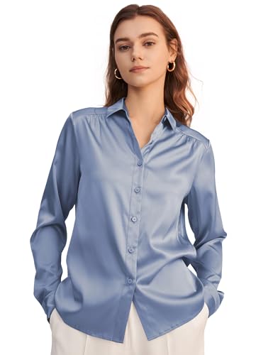 LilySilk Frauen Seide Hemdbluse Damenhemd Shirt Langarm Kragen Klassische Bluse mit V-Ausschnitt für Arbeit oder Freizeit(Azurblau,L) von LilySilk