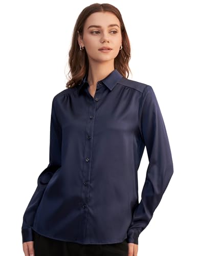 LilySilk Frauen Seide Hemdbluse Damenhemd Shirt Langarm Kragen Klassische Bluse mit V-Ausschnitt für Arbeit oder Freizeit(Dunkel Blau,M) von LilySilk