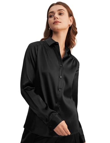 LilySilk Frauen Seide Hemdbluse Damenhemd Shirt Langarm Kragen Klassische Bluse mit V-Ausschnitt für Arbeit oder Freizeit(Schwarz,XXL) von LilySilk