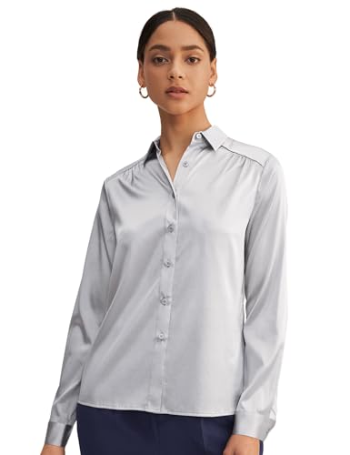 LilySilk Frauen Seide Hemdbluse Damenhemd Shirt Langarm Kragen Klassische Bluse mit V-Ausschnitt für Arbeit oder Freizeit(Silber,L) von LilySilk