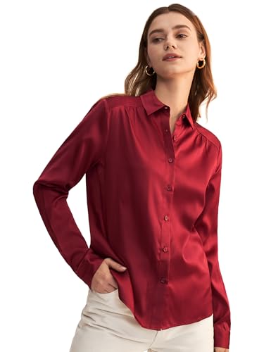 LilySilk Frauen Seide Hemdbluse Damenhemd Shirt Langarm Kragen Klassische Bluse mit V-Ausschnitt für Arbeit oder Freizeit(Weinrot,L) von LilySilk