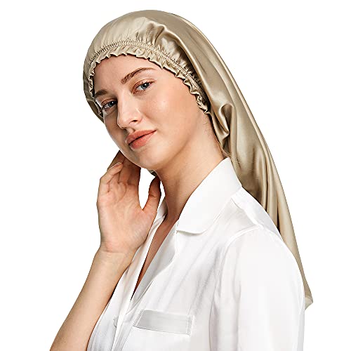 LilySilk Frauen Seide Mütze Schlafmütze mit elastischem Band für Damen Weiche Nachthaube verstellbare Schlafhaube Kopfbedeckung für langes Haar，Braun von LilySilk
