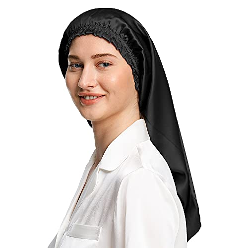 LilySilk Frauen Seide Mütze Schlafmütze mit elastischem Band für Damen Weiche Nachthaube verstellbare Schlafhaube Kopfbedeckung für langes Haar，Schwarz von LilySilk