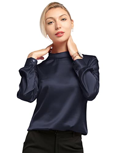 LilySilk Frauen Seidenbluse Damenhemd Stehkragen Langarmshirt Schlichte Damenbluse für Arbeit oder Freizeit(Dunkel Blau,M) von LilySilk