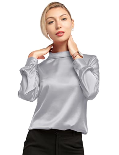 LilySilk Frauen Seidenbluse Damenhemd Stehkragen Langarmshirt Schlichte Damenbluse für Arbeit oder Freizeit(Silber,L) von LilySilk