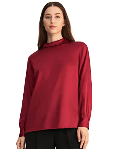 LilySilk Frauen Seidenbluse Damenhemd Stehkragen Langarmshirt Schlichte Damenbluse für Arbeit oder Freizeit(Weinrot,L) von LilySilk