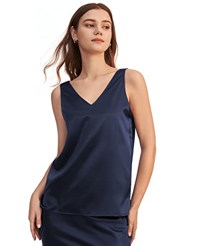 LilySilk Frauen V-Ausschnitt Ärmelloses Seide Tank Top für Damen Weiche Camisole Oberteil Weste Sommer 100% Seide von 22 Momme(Dunkel Blau,L) von LilySilk