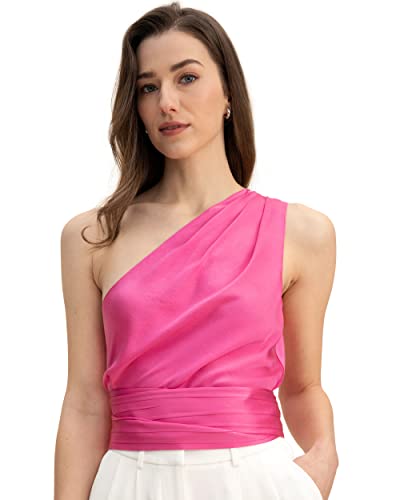 LilySilk Frauen eine Schulter ärmellose Seide Top Damen 22MM Elegante Bluse mit Schärpe Gürtel Club Party Shirt für Frühling Sommer(Magenta,S) von LilySilk