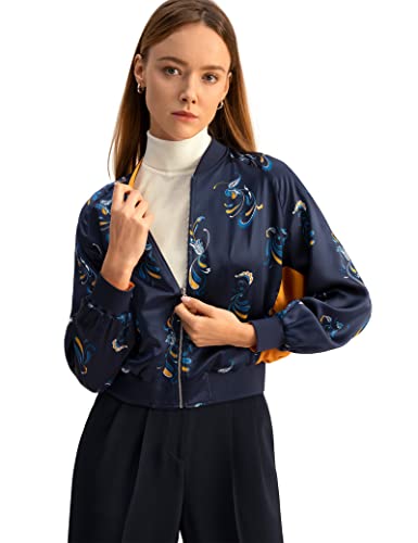 LilySilk Frühling Walzer reversible Seidenjacke für Frauen Reißverschluss oben Bomberjacke Top Langarm Stehkragen Casual leichte Seidenmantel(Blauwalzmuster,M) von LilySilk