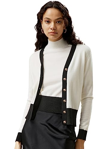 LilySilk Gemini 100% Kaschmirjacke mit kontrastierendem Saum für Frauen Mock Neck Knopf Front Pullover weiche warme Oberbekleidung Herbst Damen(Weiß,S von LilySilk
