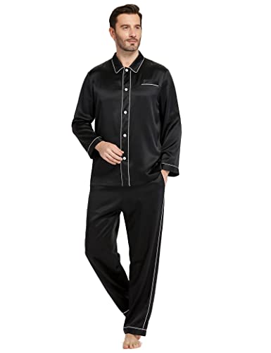 LilySilk Herren Seide Pyjama Set Reine Seide Nachtwäsche mit Langarm Bluse und Hose Pj Set Luxus Loungewear Schwarz Blau Weiß Rot Nachtwäsche für die ganze Saison(Schwarz,XL) von LilySilk