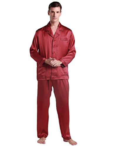 LilySilk Herren Seide Pyjama Set 22MM Reine Seide Nachtwäsche mit klassischem Stil Langarm Bluse und Hose Pj Set Schwarz Blau Weiß Rot Loungewear für Zuhause Casual Wear(Rotwein,L) von LilySilk