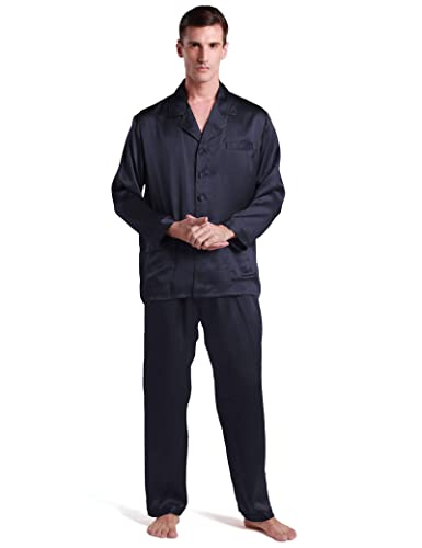 LilySilk Herren Seide Pyjama Set Reine Seide Nachtwäsche mit klassischem Stil Langarm Bluse und Hose Pj Set Schwarz Blau Weiß Rot Loungewear für Zuhause Casual Wear(Dunkel Blau,L) von LilySilk