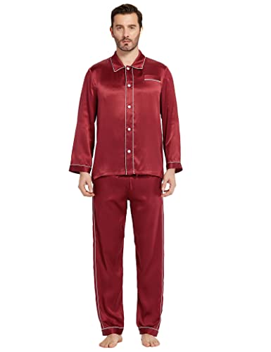 LilySilk Herren Seide Pyjama Set Reine Seide Nachtwäsche mit Langarm Bluse und Hose Pj Set Luxus Loungewear Schwarz Blau Weiß Rot Nachtwäsche für die ganze Saison(Rotwein,M) von LilySilk