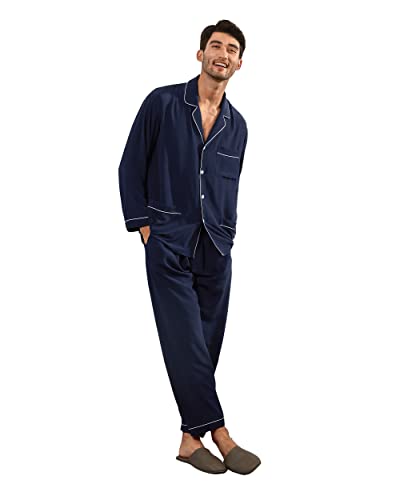 LilySilk Herren Seiden Schlafanzug Set mit Reverskragen 100% Seidenstrick Weiche Nachtwäsche für Männer Knöpfe unten Lange Ärmel Pjs Set Dunkel Blau, L von LilySilk