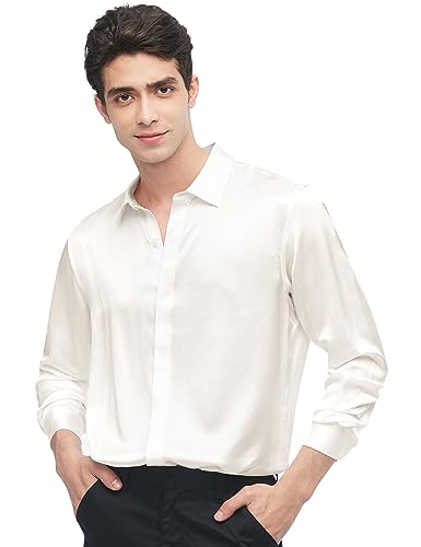 LilySilk Herren Seidenhemd 100% Maulbeerseide Klassische Lange Ärmel Basic Top mit Knopfverschluss für formelle Business Casual Alltagskleidung(Natürliches Weiß,M) von LilySilk