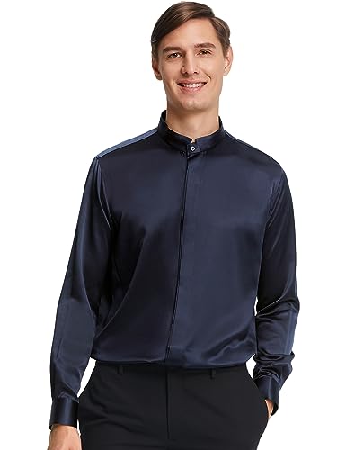 LilySilk Herren Seidenhemd 22MM Maulbeerseide Klassische Lange Ärmel Basic Top mit verstecktem Knopf für formelle Business Casual Alltagskleidung(Dunkel Blau,M) von LilySilk