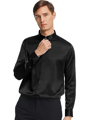 LilySilk Herren Seidenhemd 22MM Maulbeerseide Klassische Lange Ärmel Basic Top mit verstecktem Knopf für formelle Business Casual Alltagskleidung(Schwarz,L) von LilySilk