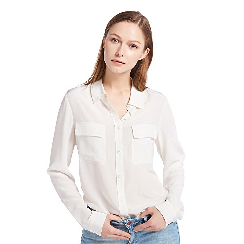 LilySilk Klassisch Seide Damenbluse Hemdbluse Shirt Damen Langärmlig mit Perlmutt-Knopfleiste von 18 Momme (Natur, M) Verpackung MEHRWEG von LilySilk