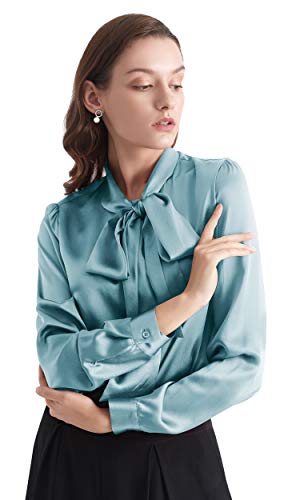 LilySilk Klassisch Seidenbluse Damenmode Seidenhemd Langarmbluse Damen Schluppenbluse Langarm aus 22 Momme Verpackung MEHRWEG (M, Neblig Blau) von LilySilk