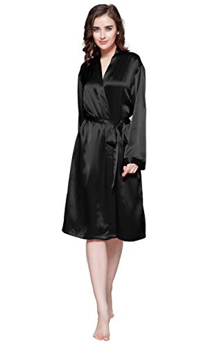 LilySilk Klassischer Seide Bademantel V-Ausschnitt Kurze Seidenrobe Brautjungfern-Robe Mittellanges 100% Seide Morgenmantel für Braut Nachtwäsche Kimono S, Schwarz von LilySilk