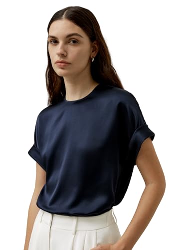 LilySilk Klassisches Seiden-Shirt Rundhausschnitt Kurzarm Design Abgewinkelte Ärmelabschlüsse Atmungsaktive Sommerbekleidung(Dunkel Blau,M) von LilySilk