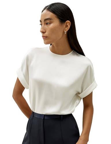 LilySilk Klassisches Seiden-Shirt Rundhausschnitt Kurzarm Design Abgewinkelte Ärmelabschlüsse Atmungsaktive Sommerbekleidung(Natürliches Weiß,M) von LilySilk
