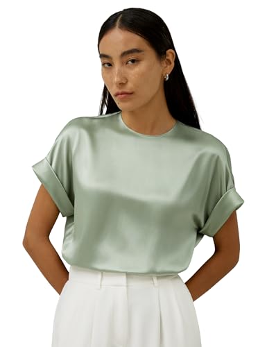 LilySilk Klassisches Seiden-Shirt Rundhausschnitt Kurzarm Design Abgewinkelte Ärmelabschlüsse Atmungsaktive Sommerbekleidung(Wassergrün,S) von LilySilk