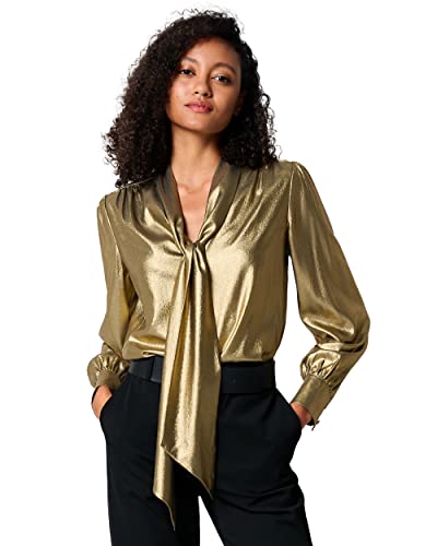 LilySilk LILYSHEENA® Elegante Fliege Bronze Seidenbluse 18 Momme Vintage Fliege Old Fashioned Seidenhemd Lange Ärmel Hellen Glanz Seide Top Hemden M, LILYSHEENA® Goud von LilySilk