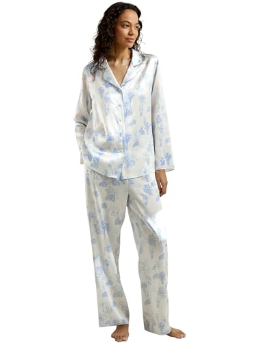 LilySilk La Terra Lange Seiden-Pyjama-Set für Frauen 100% Seiden-Charmeuse Vollständige Länge Bedruckt Lange Ärmel Knopfleiste Schlafbekleidung 2-teiliges PJs-Set Damen(La Terra Muster,XL) von LilySilk