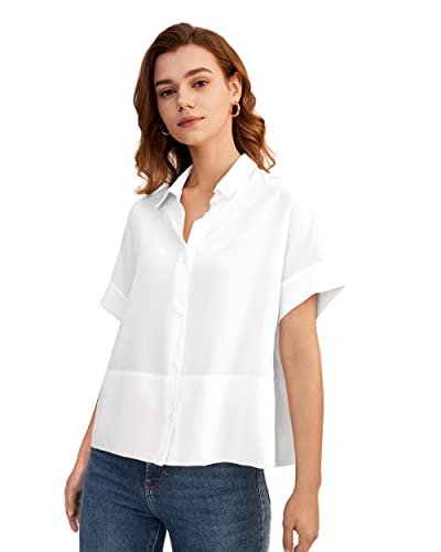 LilySilk Lässiges Lockeres Seiden T-Shirt mit kurzen Ärmeln Damen Seiden Blusen Tops Shirt Seidenhemd Kurzarm Hemdbluse Einfarbige Tops Frauen L, Papyrusweiß von LilySilk