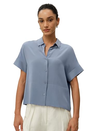 LilySilk Lässiges Lockeres Seiden T-Shirt mit kurzen Ärmeln Damen Seiden Blusen Tops Shirt Seidenhemd Kurzarm Hemdbluse Einfarbige Tops Frauen Staubiges Blau L von LilySilk