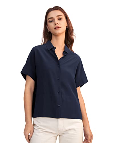 LilySilk Lässiges Lockeres Seiden T-Shirt mit kurzen Ärmeln Damen Seiden Blusen Tops Shirt Seidenhemd Kurzarm Hemdbluse Einfarbige Tops Frauen XL, Dunkel Blau von LilySilk