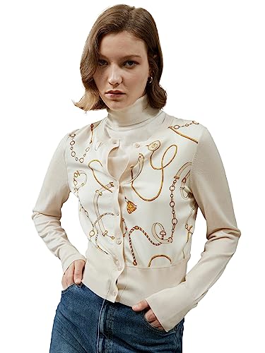 LilySilk Louisville Print Seide Mischung Strickjacke für Frauen Knopf Front Langarm Rundhalsausschnitt Offene Front Pullover für Damen(Beige,L von LilySilk