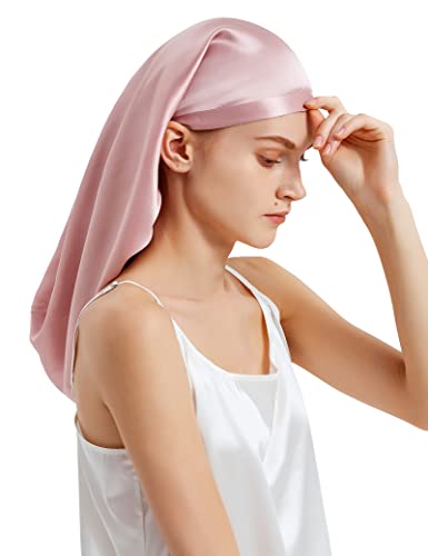 LilySilk Maulbeerseide Haarhaube Schlafmütze Schlafhaube 100% Seide von 19 Momme Lange Seidenmütze Kappe für lockiges Haar, Nachtmütze zum Schlafen, Seidenhaube für Frauen mit Langen Haaren, Rosa von LilySilk