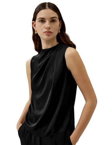 LilySilk Minimalistische Damen Seidenbluse Ärmelloses Crewneck-Top Schulternahtfaltung Clean-Look-Design für Alltagsvielfalt(Schwarz,M) von LilySilk