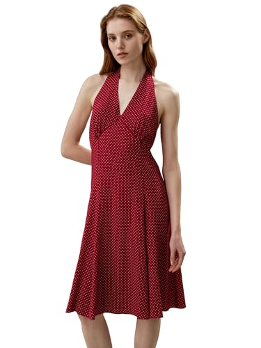 LilySilk Polka Dot Neckholder 100% Seidenkleid für Damen V-Ausschnitt Mittellang Taillen betont Slim Fit Abendkleid Damen für Urlaubsfeier(Rot-Weiße Polka Dots,38) von LilySilk