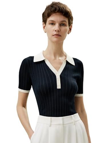 LilySilk Pullover aus 100% gesponnener Seide für Damen maschinenwaschbar V-Ausschnitt Geripptes Seidenstrick-Poloshirt dehnbar schmal(Dunkel Blau,M) von LilySilk