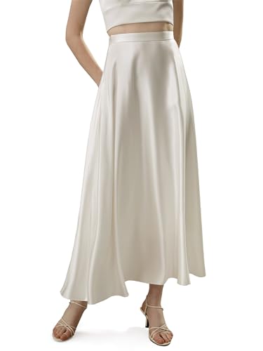 LilySilk Regenschirmrock aus 100% Seide Chiffonfutter fließendes Bodenlanges Maxi-Seidenkleid mit Rüschen für Damen(Natürliches Weiß,40) von LilySilk