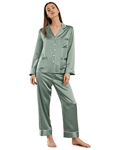 LilySilk Schick Seide Schlafanzug Hausanzug Seide Pyjama Set Nachtwäsche Damen Lang mit Weißem Besatz Verpackung MEHRWEG (XS, Avocadogrün) von LilySilk