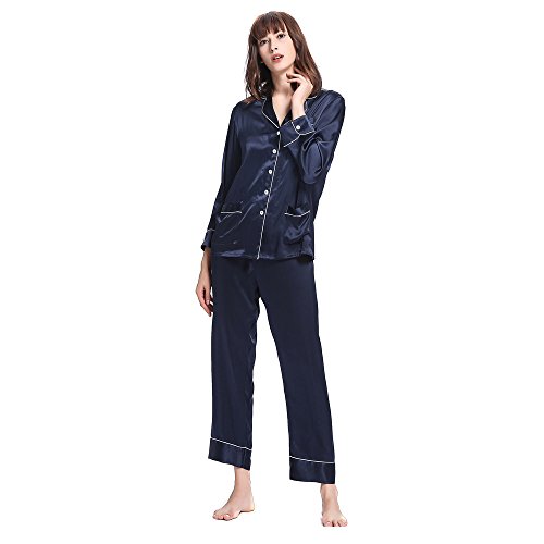 LilySilk Schick Seide Schlafanzug Seide Pyjama Set Damen Lang mit Besatz Dunkel Blau L Verpackung MEHRWEG von LilySilk